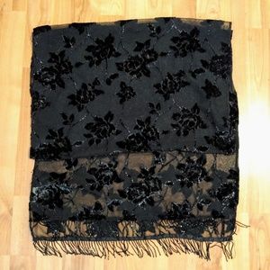 Black, Sheer, Velvet Burnout, Fringed Shaw